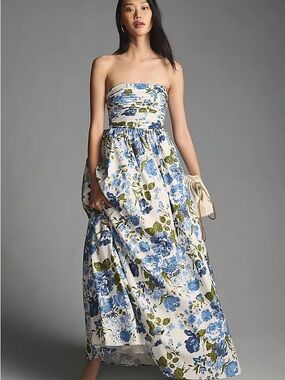 Reformation Kastoria Strapless White Maxi Dress with Blue Floral Print